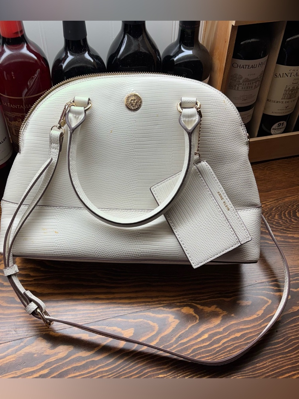 Anne Klein White Croc-Embossed Dome Satchel with Crossbody Strap with ID Tag